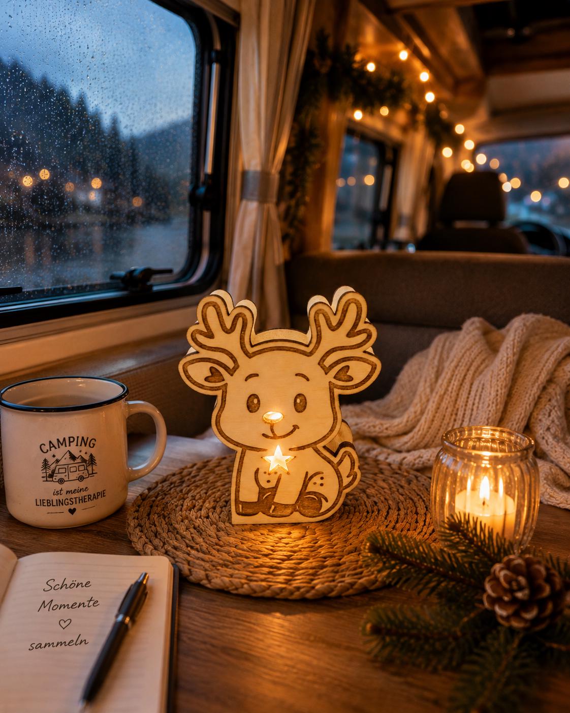 Rentier Leuchte aus Holz mit LED Weihnachtsdeko | Kleines Rentierlicht | Adventsdeko | Geschenkidee aus Holz