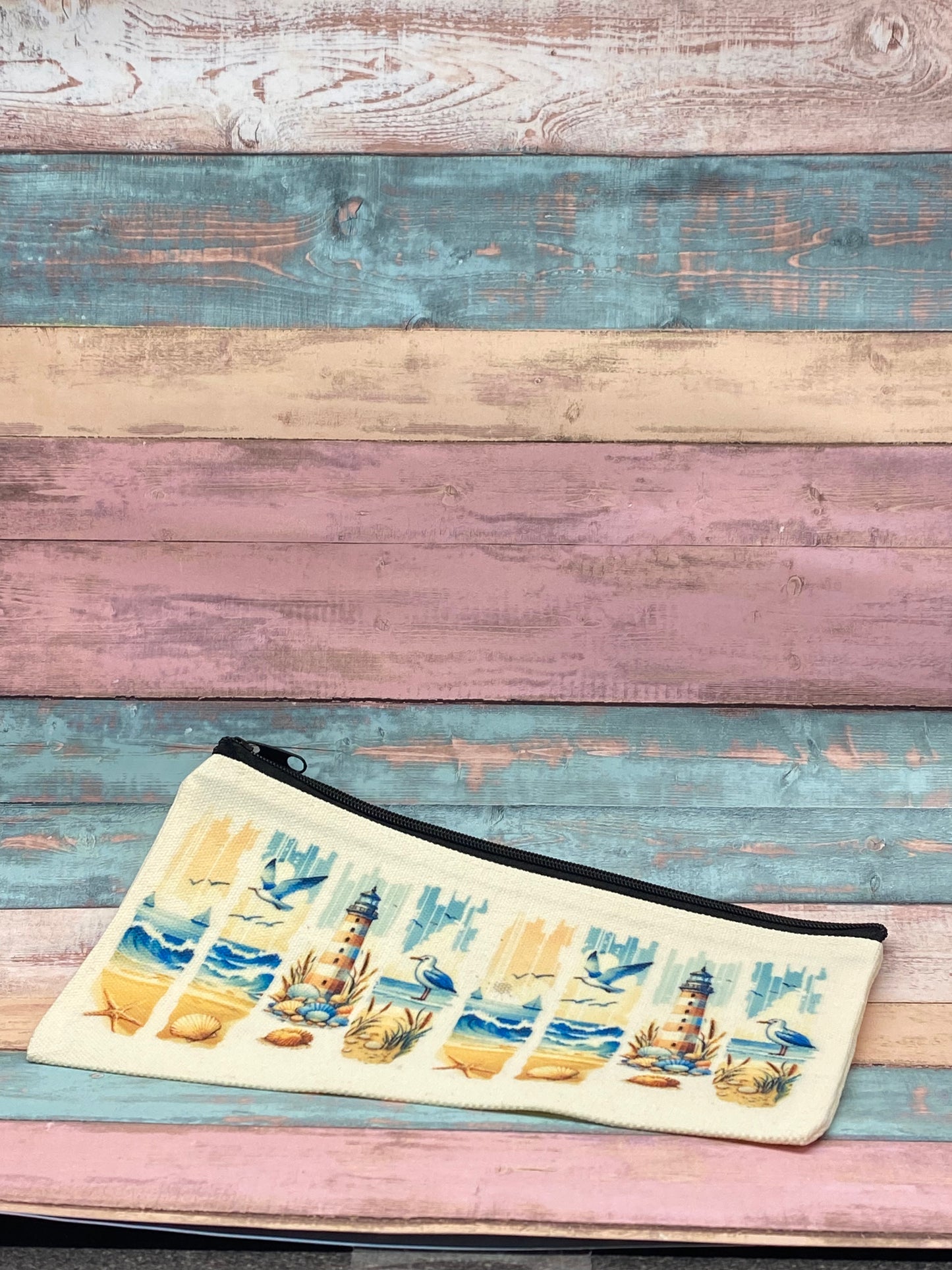 🧵 Stoff-Etui „Mädelskram“ – Maritimes Mäppchen mit Leuchtturm & Meer