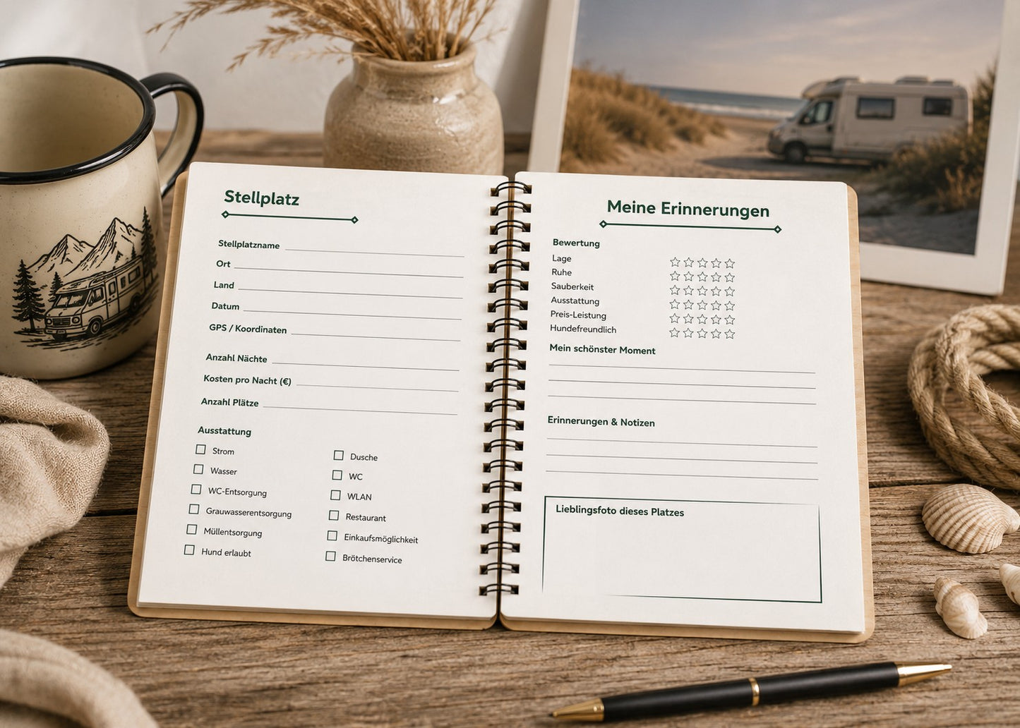 Stellplatzbuch Coast Edition aus Holz – Camping Tagebuch für Wohnmobil & Camper | Reisetagebuch mit Holzcover
