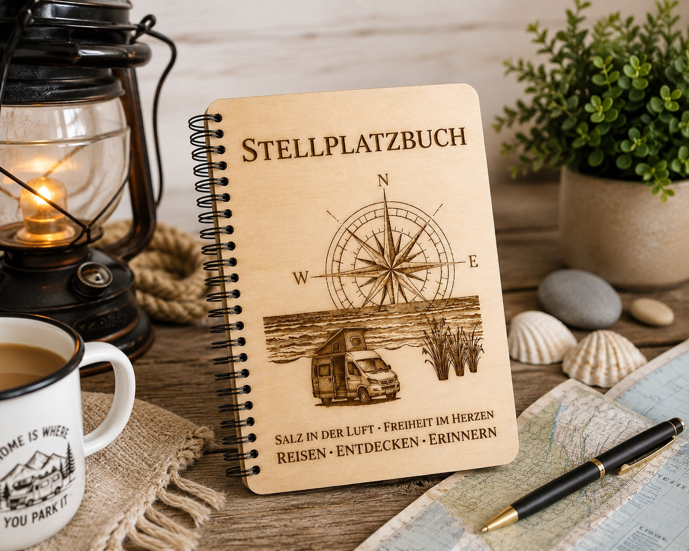 Stellplatzbuch Coast Edition aus Holz – Camping Tagebuch für Wohnmobil & Camper | Reisetagebuch mit Holzcover