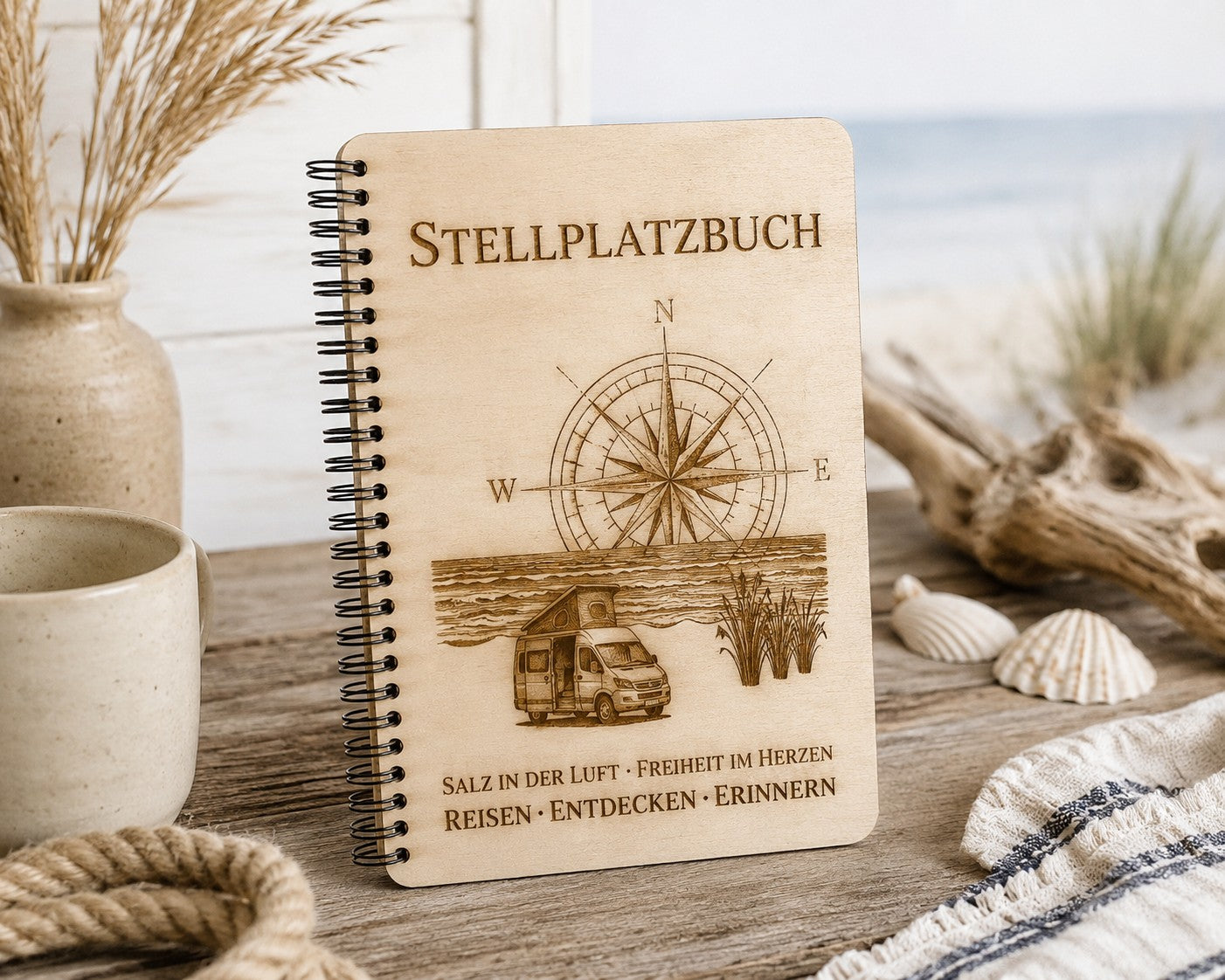 Stellplatzbuch Coast Edition aus Holz – Camping Tagebuch für Wohnmobil & Camper | Reisetagebuch mit Holzcover