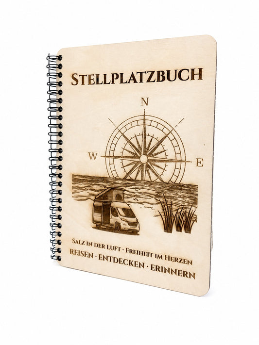 Stellplatzbuch Coast Edition aus Holz – Camping Tagebuch für Wohnmobil & Camper | Reisetagebuch mit Holzcover