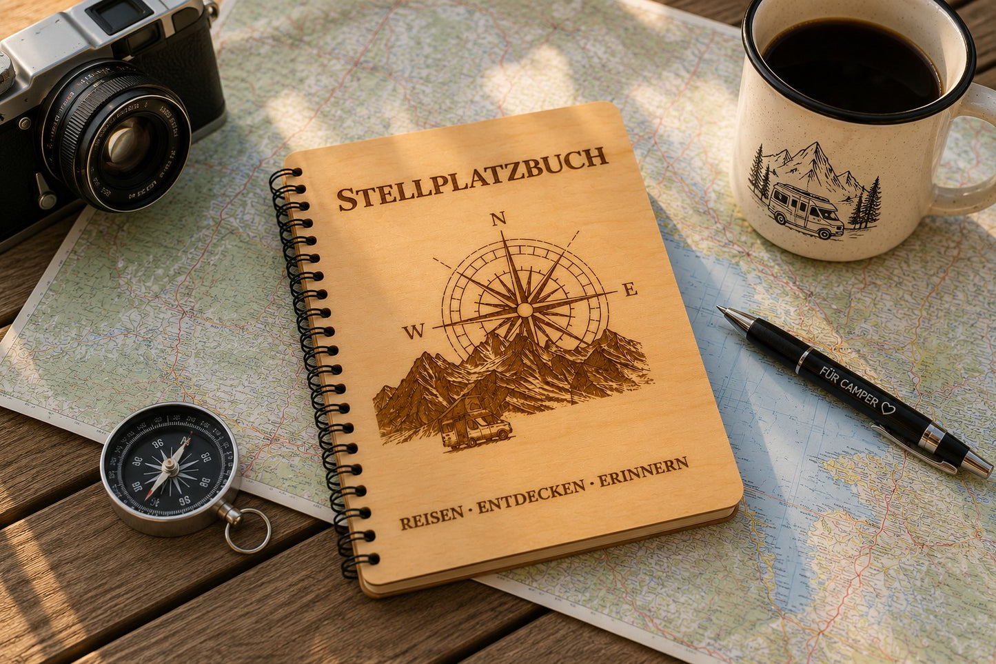 Camping Stellplatzbuch mit Holzcover | Reisetagebuch für Wohnmobil & Camper | 40 Stellplätze | Geschenk für Camper