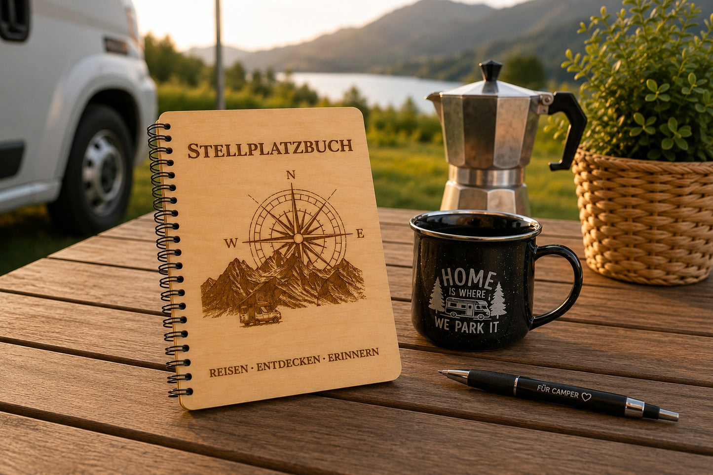 Camping Stellplatzbuch mit Holzcover | Reisetagebuch für Wohnmobil & Camper | 40 Stellplätze | Geschenk für Camper