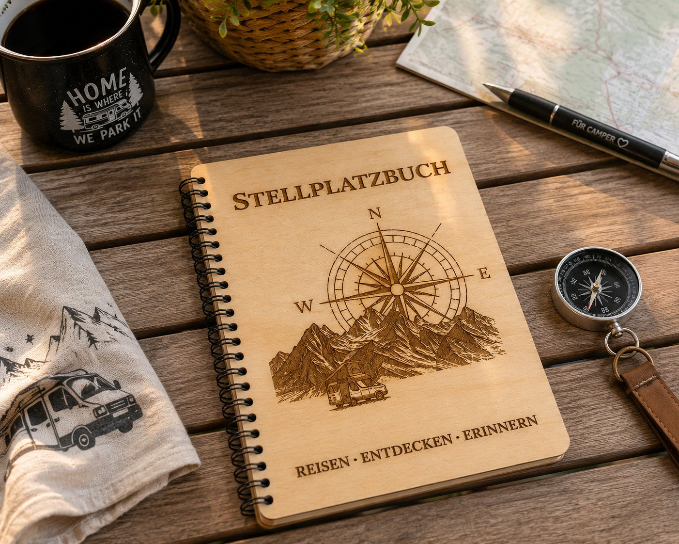 Camping Stellplatzbuch mit Holzcover | Reisetagebuch für Wohnmobil & Camper | 40 Stellplätze | Geschenk für Camper
