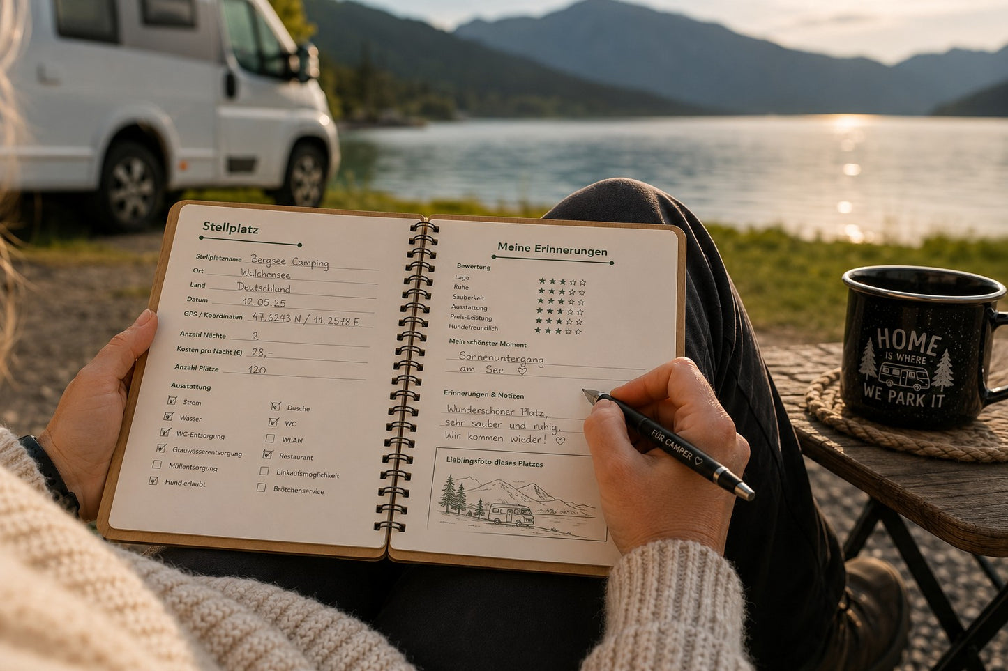 Camping Stellplatzbuch mit Holzcover | Reisetagebuch für Wohnmobil & Camper | 40 Stellplätze | Geschenk für Camper
