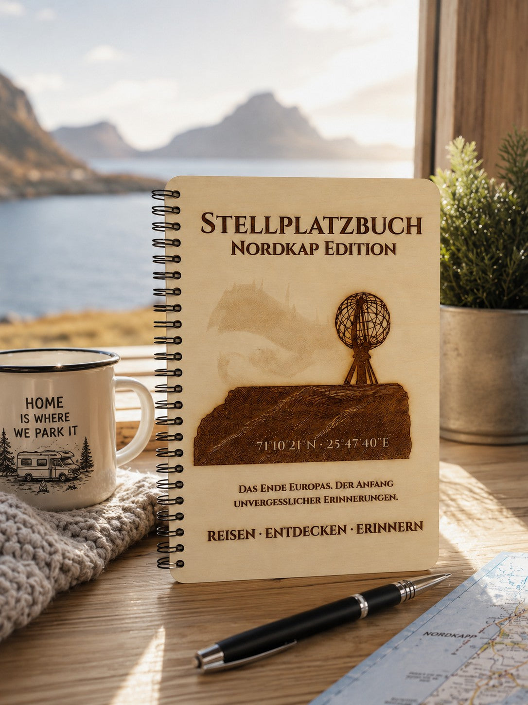Stellplatzbuch Nordkap Edition aus Holz – Camping Tagebuch für Wohnmobil & Camper | Handgefertigtes Reisetagebuch