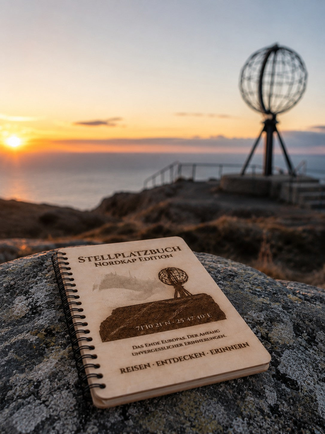 Stellplatzbuch Nordkap Edition aus Holz – Camping Tagebuch für Wohnmobil & Camper | Handgefertigtes Reisetagebuch