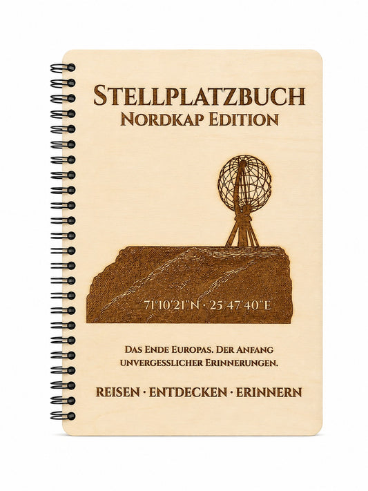 Stellplatzbuch Nordkap Edition aus Holz – Camping Tagebuch für Wohnmobil & Camper | Handgefertigtes Reisetagebuch