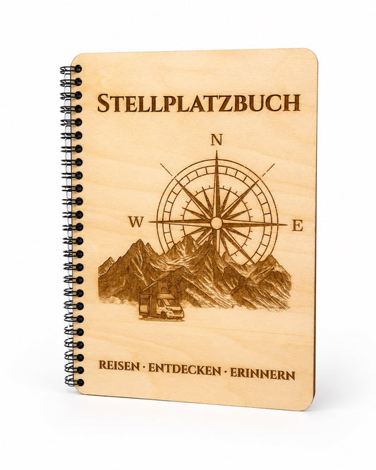Camping Stellplatzbuch mit Holzcover | Reisetagebuch für Wohnmobil & Camper | 40 Stellplätze | Geschenk für Camper