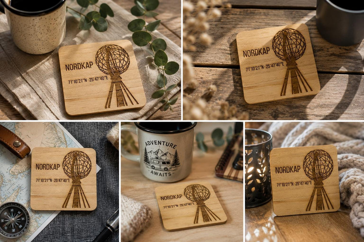 Nordkap Holzuntersetzer graviert | Norwegen Souvenir mit Koordinaten | Camping Geschenk | Wohnmobil Deko | Lasergravur aus Ho