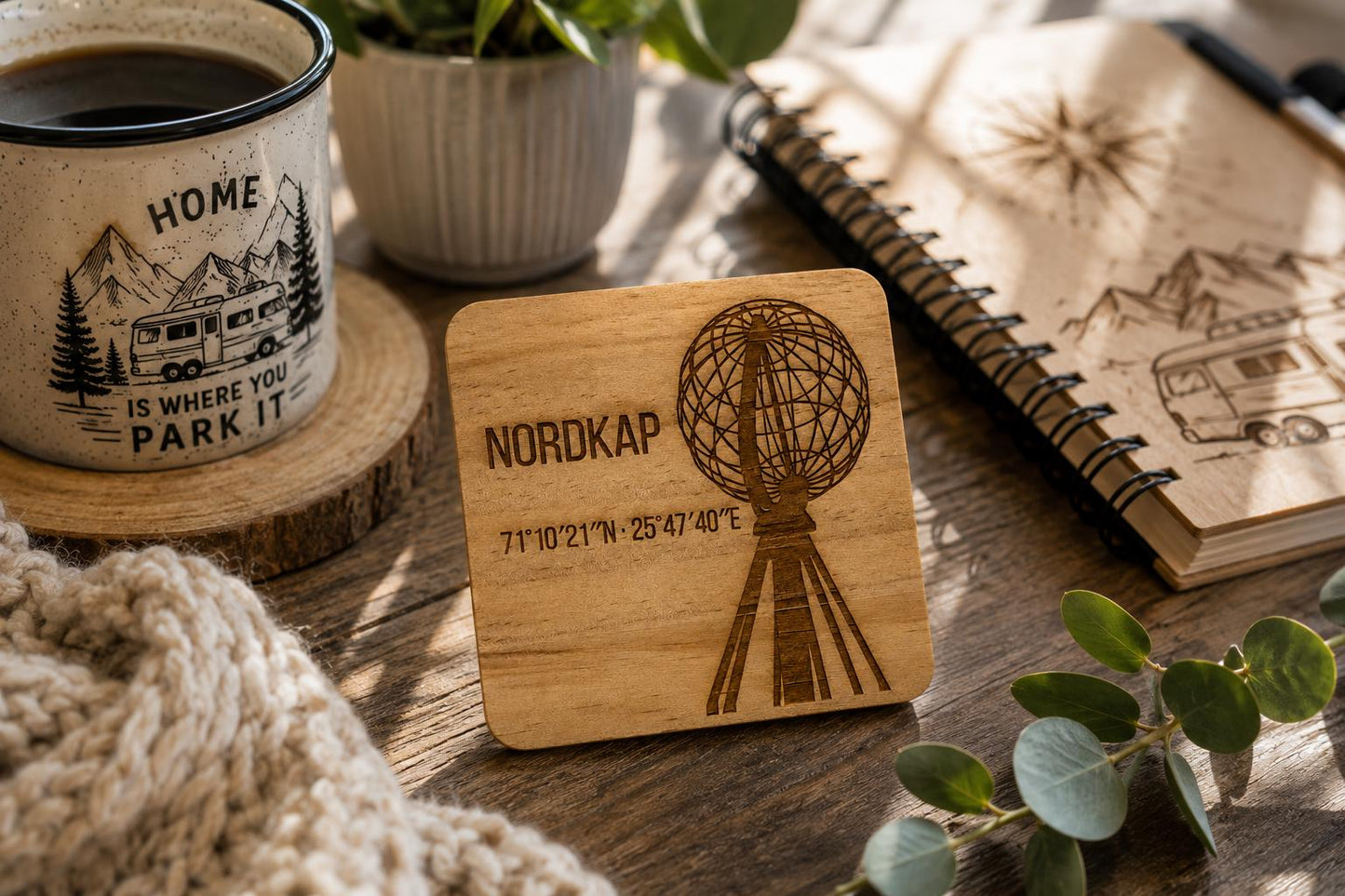 Nordkap Holzuntersetzer graviert | Norwegen Souvenir mit Koordinaten | Camping Geschenk | Wohnmobil Deko | Lasergravur aus Ho