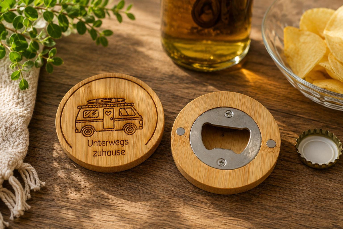 Magnetischer Flaschenöffner aus Bambus | Camper Geschenk | Wohnmobil Geschenk | Camping Flaschenöffner | Kühlschrank Magnet |