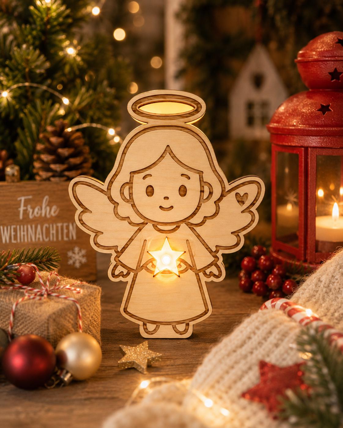 Engelslicht – leuchtender Holzengel mit Stern | Schutzengel-Leuchte | Weihnachtsdeko & Geschenkidee