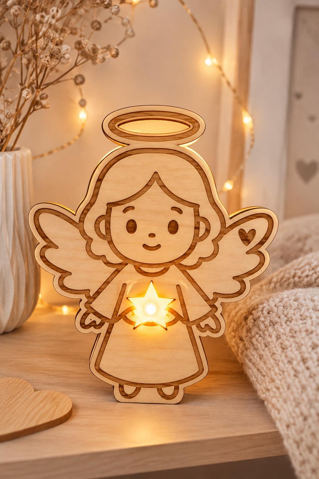 Engelslicht – leuchtender Holzengel mit Stern | Schutzengel-Leuchte | Weihnachtsdeko & Geschenkidee
