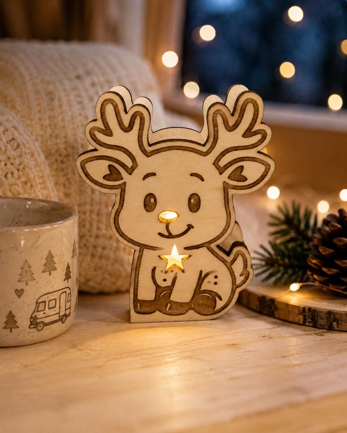 Rentier Leuchte aus Holz mit LED  Weihnachtsdeko | Kleines Rentierlicht | Adventsdeko | Geschenkidee aus Holz