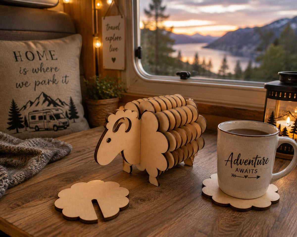 Schaf Untersetzerhalter aus Holz mit Untersetzern | Lustige Tischdeko | Geschenk für Schafliebhaber | Holzdeko
