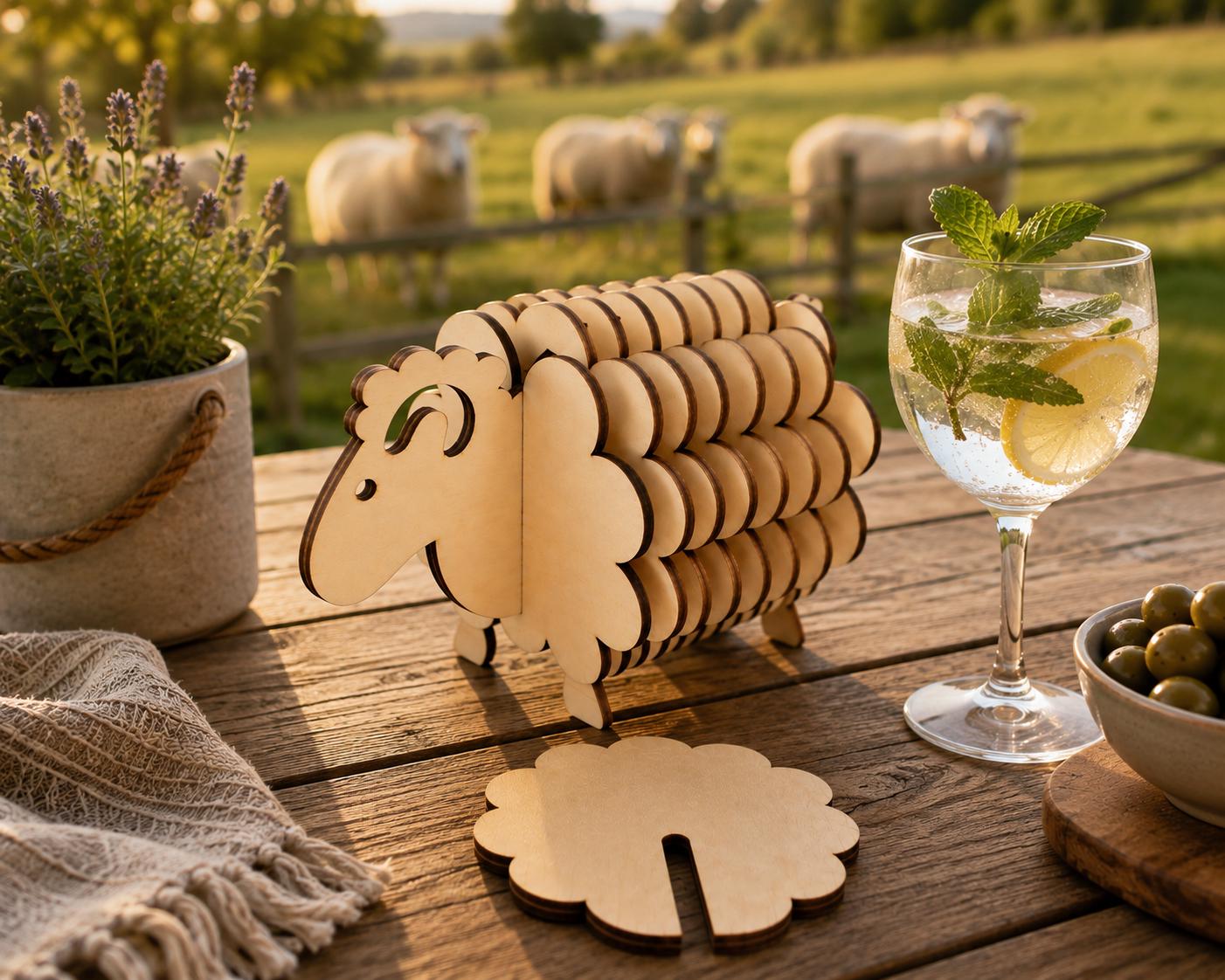 Schaf Untersetzerhalter aus Holz mit Untersetzern | Lustige Tischdeko | Geschenk für Schafliebhaber | Holzdeko