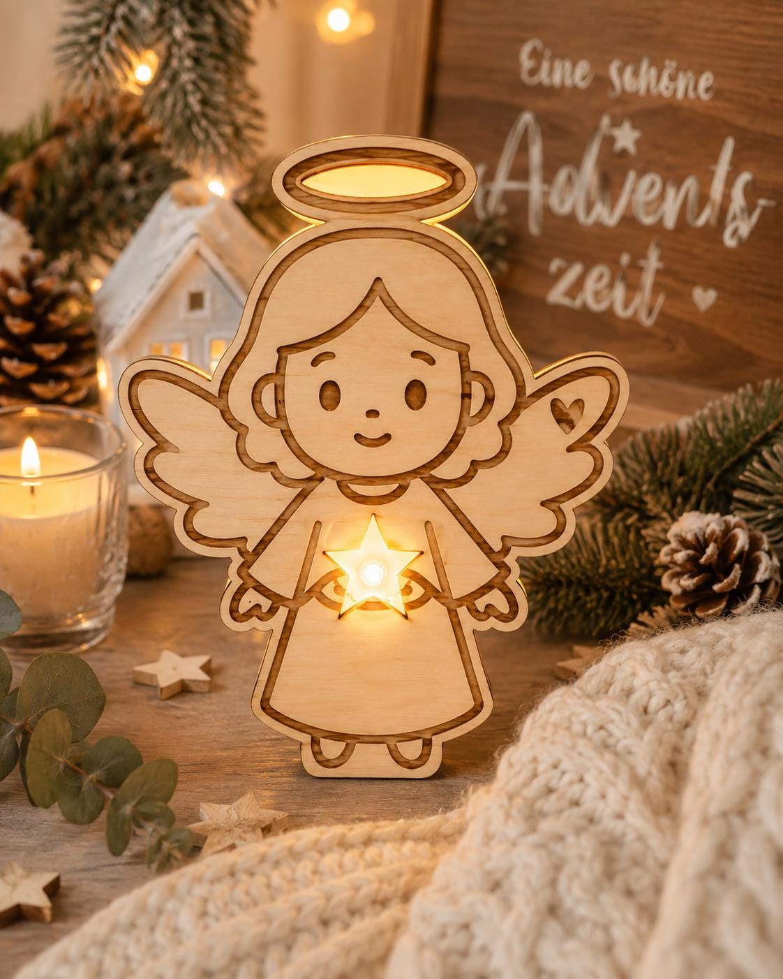 Engelslicht – leuchtender Holzengel mit Stern | Schutzengel-Leuchte | Weihnachtsdeko & Geschenkidee