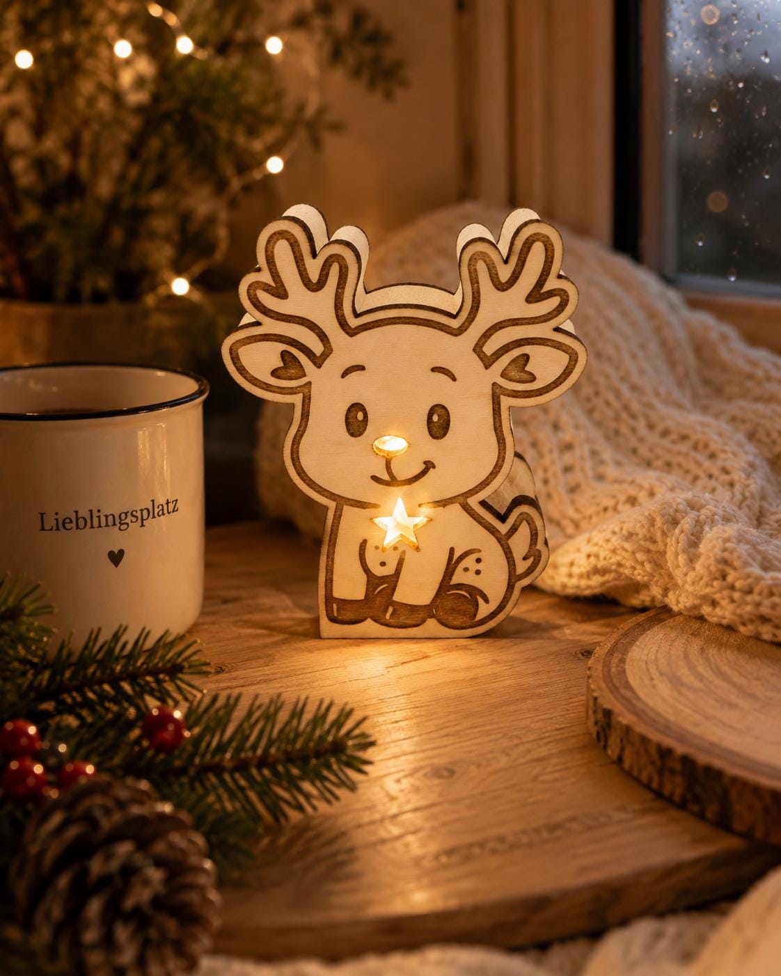 Rentier Leuchte aus Holz mit LED  Weihnachtsdeko | Kleines Rentierlicht | Adventsdeko | Geschenkidee aus Holz