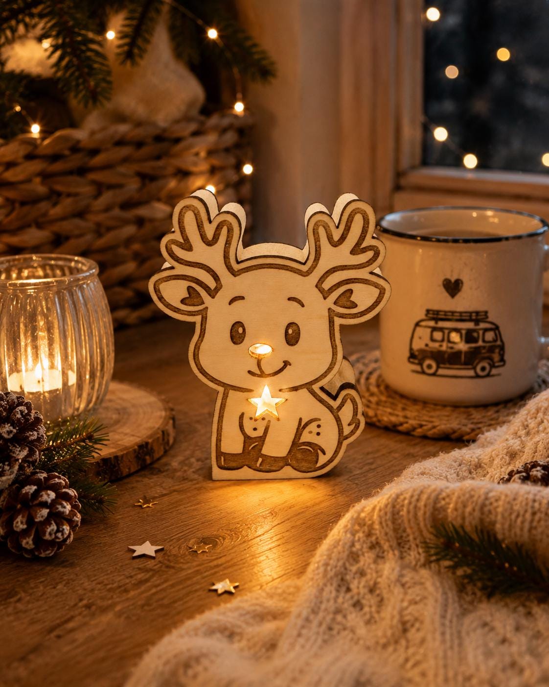 Rentier Leuchte aus Holz mit LED  Weihnachtsdeko | Kleines Rentierlicht | Adventsdeko | Geschenkidee aus Holz