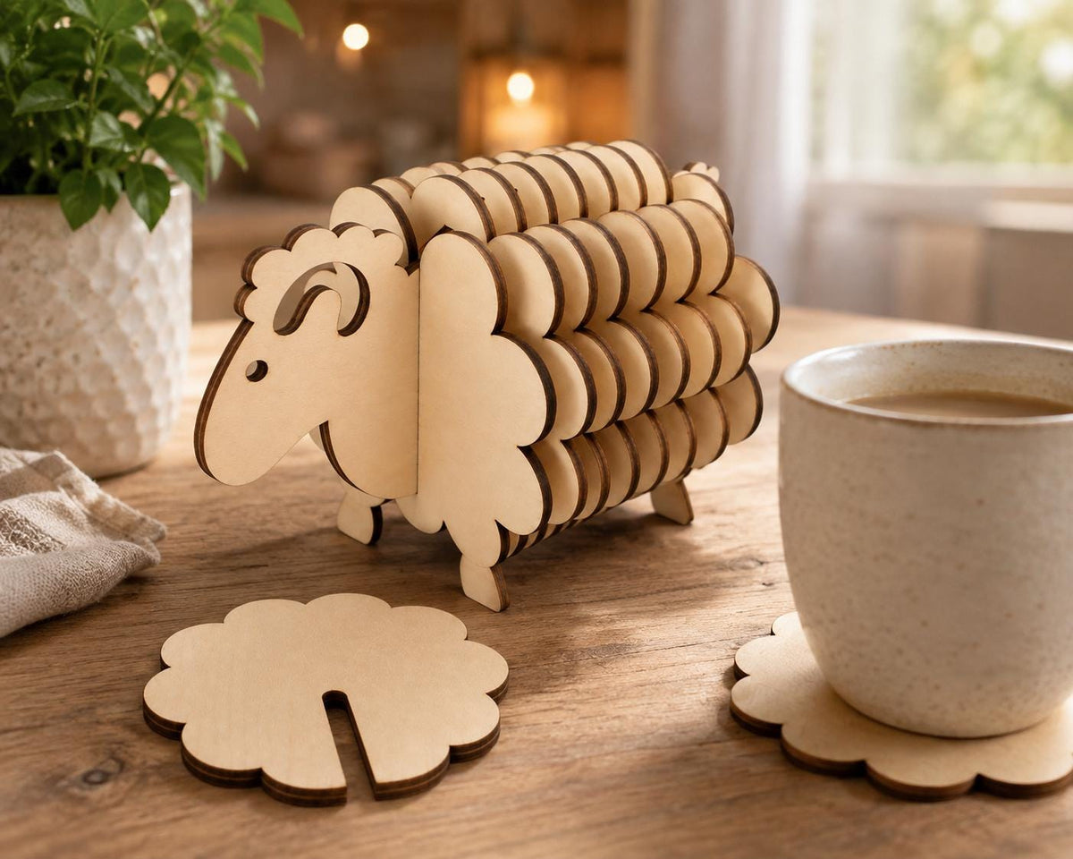 Schaf Untersetzerhalter aus Holz mit Untersetzern | Lustige Tischdeko | Geschenk für Schafliebhaber | Holzdeko